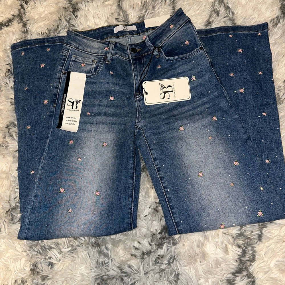 Social Butterfly Stylish Blue Jeans with Floral Embroidery